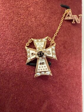 Sigma Chi Gold and White Enamel Cross Pendant with Pearls Vintage 1967 Antique